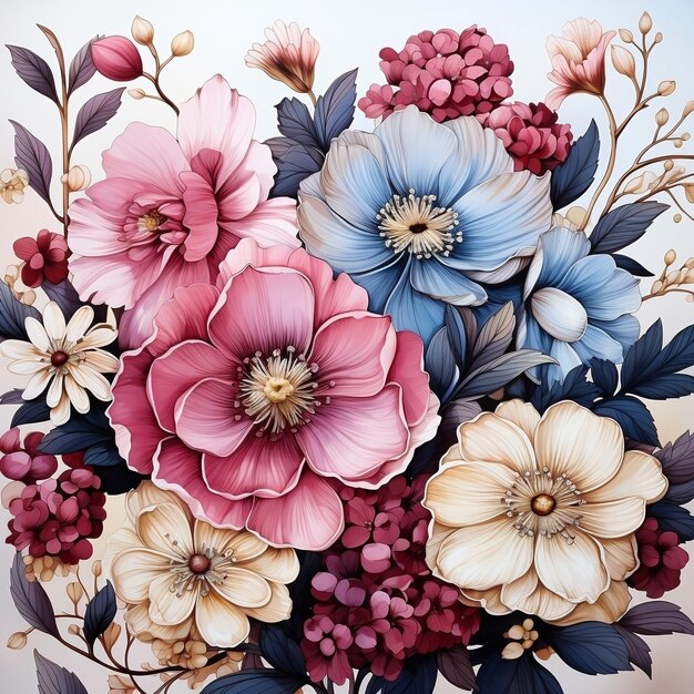 Фото Деликатные акварельные цветы в рисунке