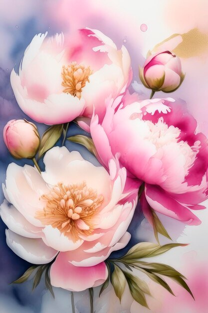 Delicate watercolor peonies flowers and green leaves