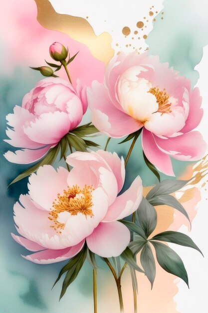 Delicate watercolor peonies flowers and green leaves