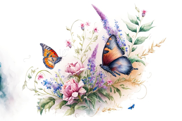 Delicate watercolor picture with flowers and butterfly on white background