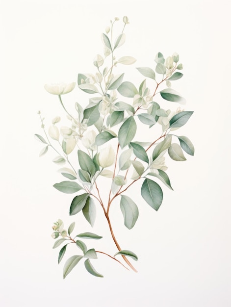 Delicate Watercolor Tea Plant Leaves and Flowers AI Generated