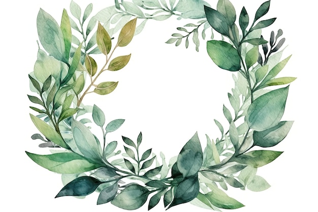 Delicate watercolor wreath with lush green leaves on a clean white background Generative AI