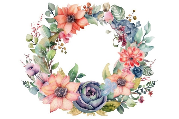 Delicate watercolor wreath with a variety of colorful flowers and leaves Generative AI