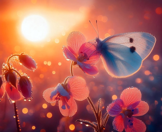 delicate white butterfly on flowers in drops of dew at sunrise