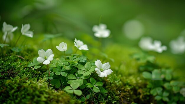 A of delicate white flowers growing on a bed of soft mossy ground showcasing a contrast of fragile