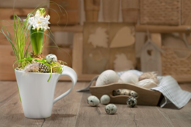 Delicate white hyacinth on vintage kitchen. 