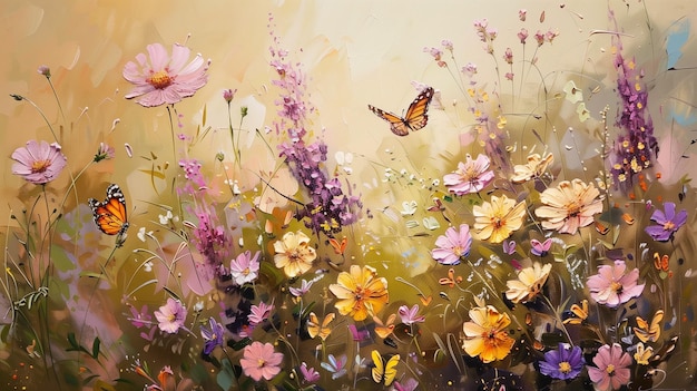 Delicate wilde bloemen en vlinders op doek met olieverf Schilderkunst