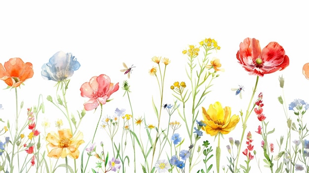 Delicate Wildflowers and Insects on White Background Generative AI