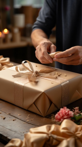 Delicate wrapping Closeup reveals confectioner's hands carefully adorning cardboard box with fines