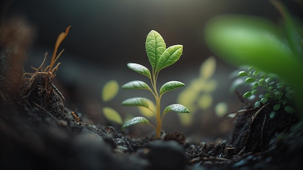 토양 세계 나무의 날 개념에서 자라는 섬세한 어린 식물 Generative AI