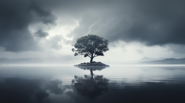 Delicately Rendered Landscape Single Tree In Dark Cloudy Sea