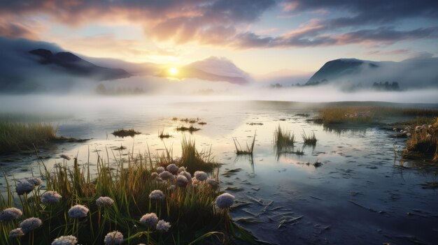 Foto un'alba delicatamente raffigurata sopra la nebbia e un lago coperto di fiori