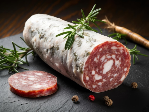 Delicatessen salami sausage with white mold fouet created with Generative AI technology