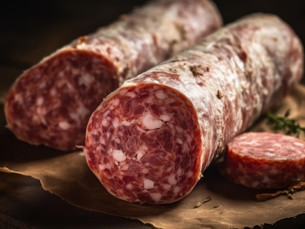 Delicatessen salami sausage with white mold fouetx9created with Generative AI technology