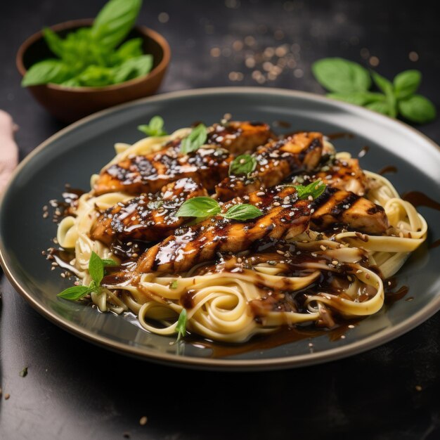 Photo delicious adobo asian chicken pasta on a black plate