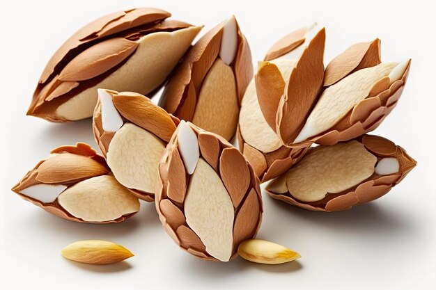 Delicious almond pieces on a white backdrop