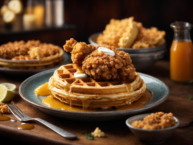 Delicious American chicken and waffles goldenhued pieces of fried chicken sweet syrup with savor