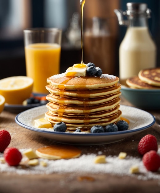 美味しいアメリカンパンケーキ ふわふわ 黄金色の茶色の朝食のディスク 天国 枕状の質感 甘い