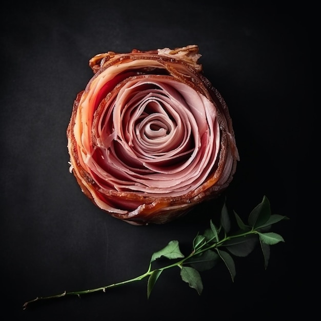Delicious appetizing jamon rolled up in the shape of a rose on a black background national Spanish