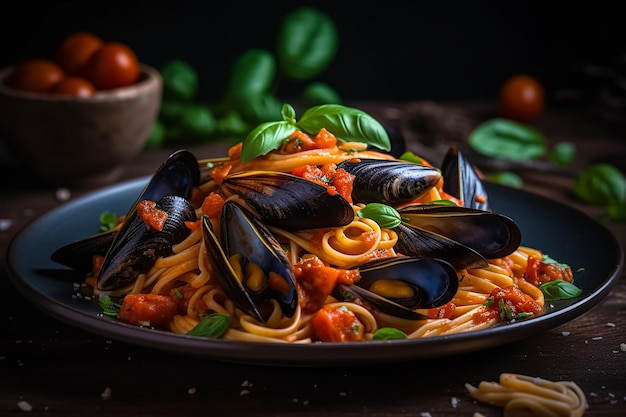 A delicious and appetizing photo showcases a portion of pasta with seafood Generative AI