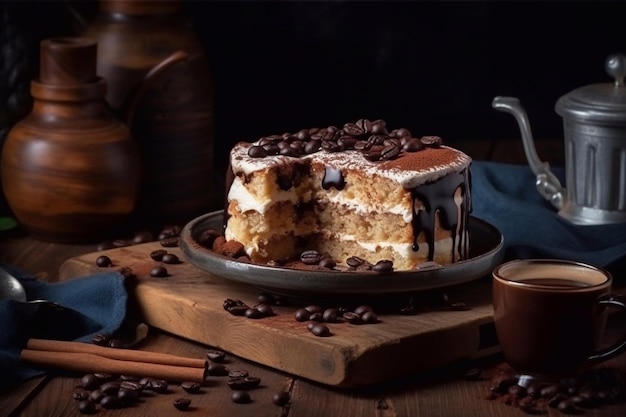 サヴォイアルディ スティックとコーヒー クリームを添えた食欲をそそるおいしいティラミス ケーキ 世界的に有名なデザート ジェネレーティブ AI