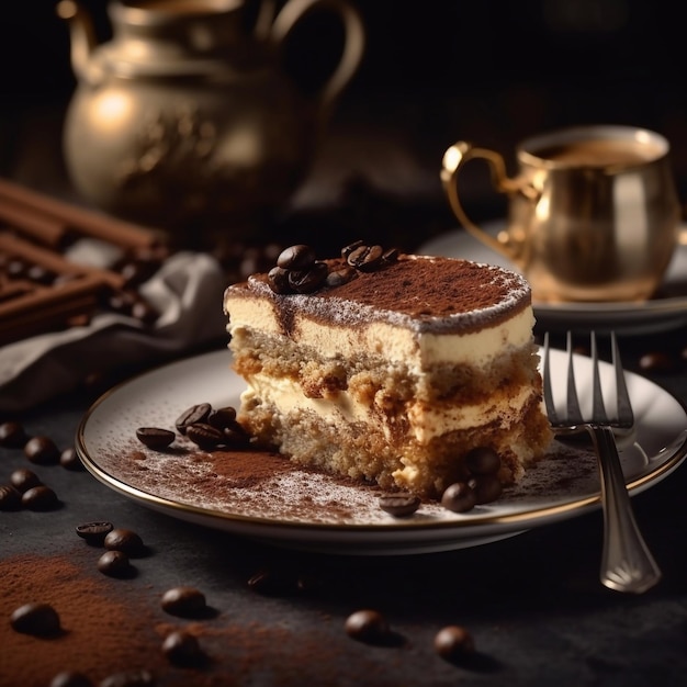 サヴォイアルディ スティックとコーヒー クリームを添えた食欲をそそるおいしいティラミス ケーキ 世界的に有名なデザート ジェネレーティブ AI