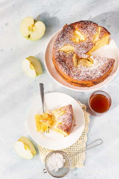 Delicious apple pie or sponge cake decorated with powdered sugar