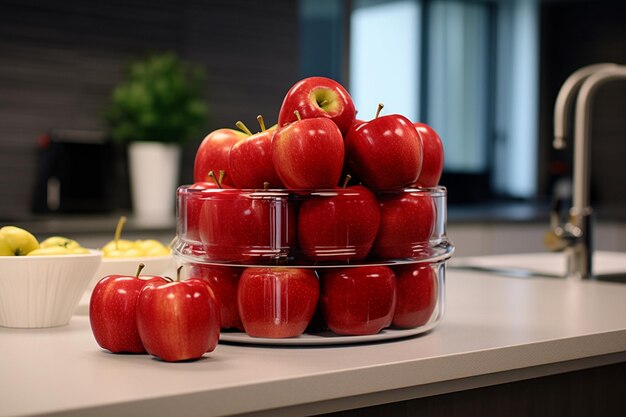 Photo delicious apples showcased in a plastic container set against