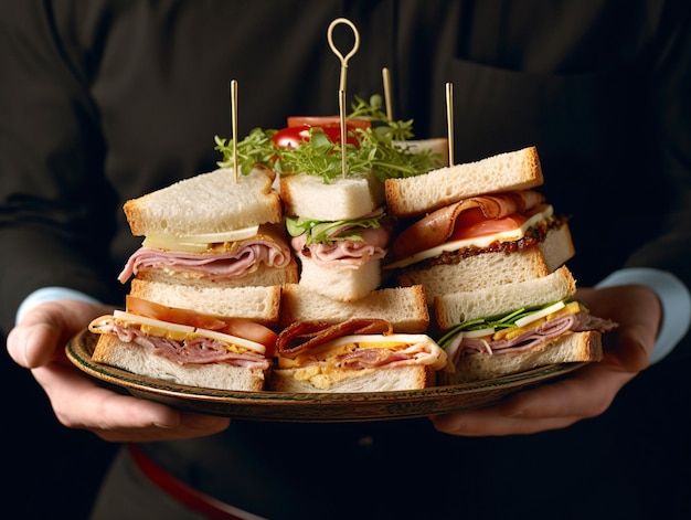 Photo delicious arafed sandwiches on a plate with toothpicks a generative ai masterpiece