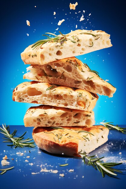 Delicious Aromatic Bread Slices with Herbs and Spices on a Vibrant Blue Surface Generative AI