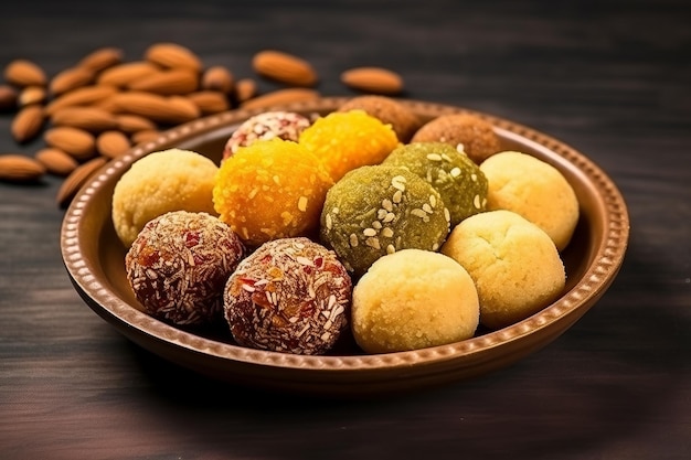 Photo delicious array of indian festive sweets a top view of motichoor besan and gond ke ladoo in a pla