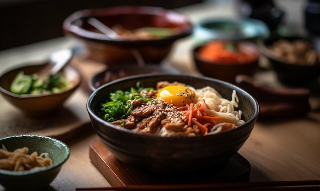 맛있는 아시아 음식이 테이블에 제공됩니다.