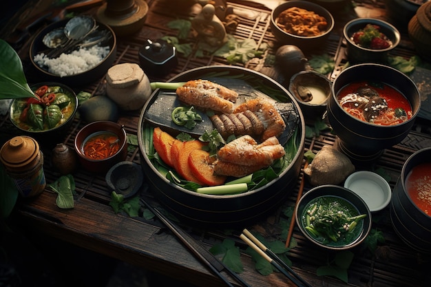 Delicious Asian food with herbs