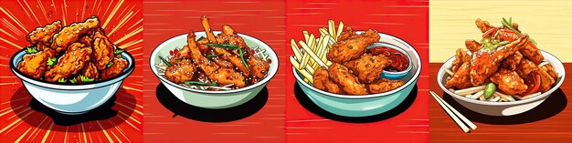 Photo delicious asianstyle crispy chicken dish excellently served for product placement featuring a vibrant pop art backdrop with monochrome hues