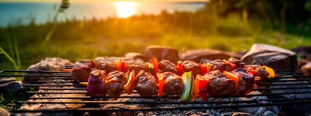Фото Вкусное мясо на гриле с жареными овощами на барбекю.