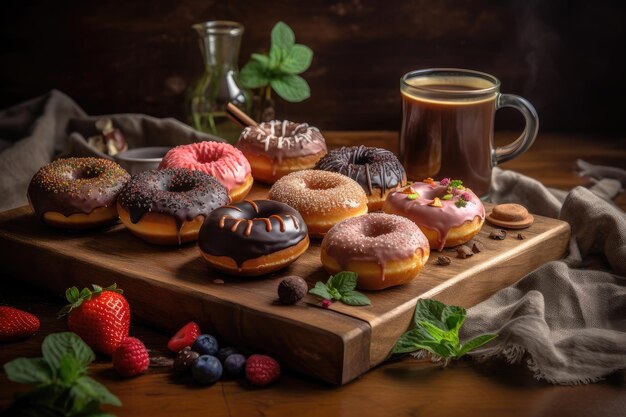 Delicious assortiment donuts met verse koffie generatieve IA