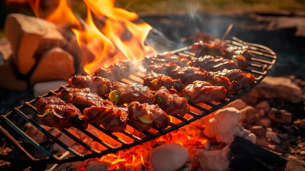 Delicious assortiment gegrilde vlees met gegrilde groenten voor barbecue tegen