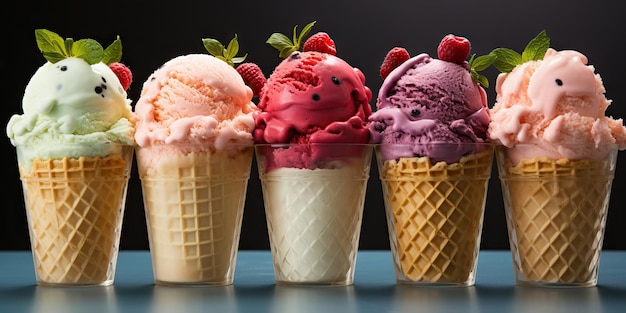 Вкусный ассортимент вкусов мороженого в конусах, созданных ИИ