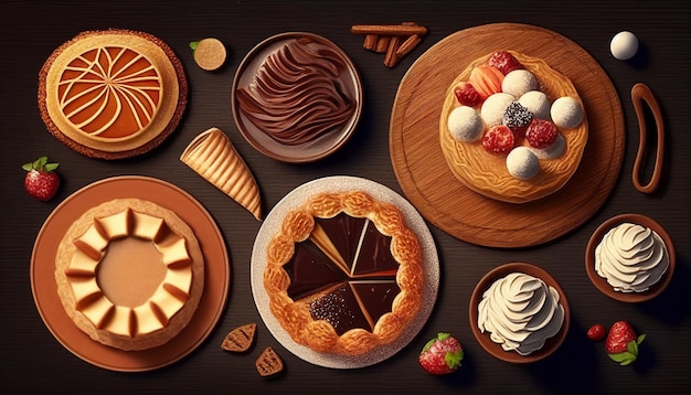 Delicious assortment top view meals featuring tasty pastries and dishes