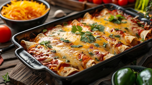 A delicious and authentic Mexican casserole dish made with corn tortillas filled with a savory mixture of chicken cheese and vegetables topped wi