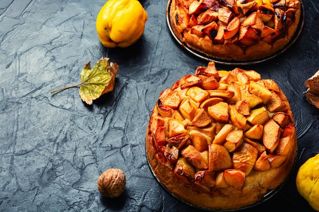 Delicious autumn quince pie. Autumn dessert,space for text