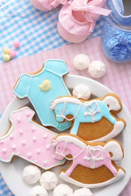 Delicious baby shower cookies closeup