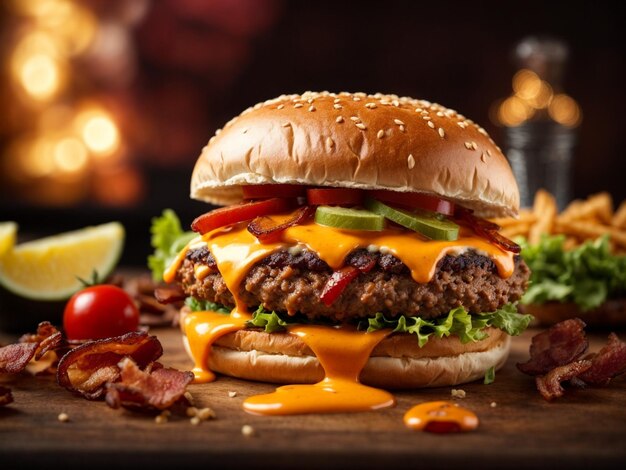 Delicious bacon cheeseburger culinary masterpiece combines the savory flavors of beef bacon cheese