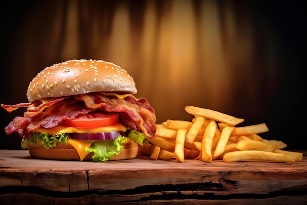 A delicious bacon cheeseburger and fries on a rustic wooden table