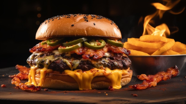 A delicious bacon cheeseburger with jalapenos and a side of fries