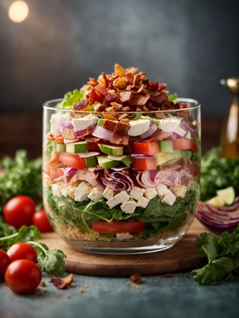 Delicious bacon salad with variety of other ingredients such as lettuce tomatoes onions cheese