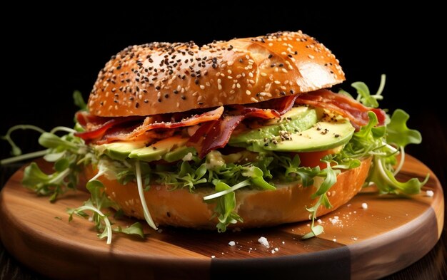 Delicious Bagel Delight Bacon Avocado and Green Salad on a Plate Generative AI