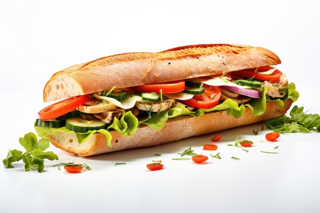 Delicious baguette sandwich with assorted veggies and cheese on white studio backdrop