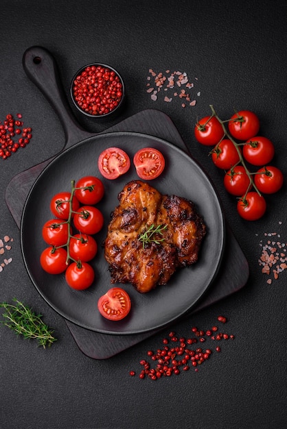 Delicious baked chicken meat with salt spices and herbs on a dark concrete background