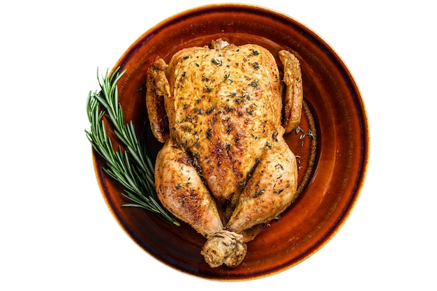 Delicious baked chicken on wooden table Isolated on white background